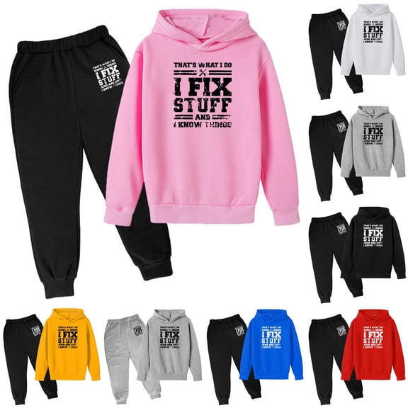 Krdevn Toddler Boys Back To School Clothes Double Side Distressed Mechanic Quote Graphic Hooded Top and Elastic Sweatpants 2 Piece Outfit Set 12-13 Years,Pink