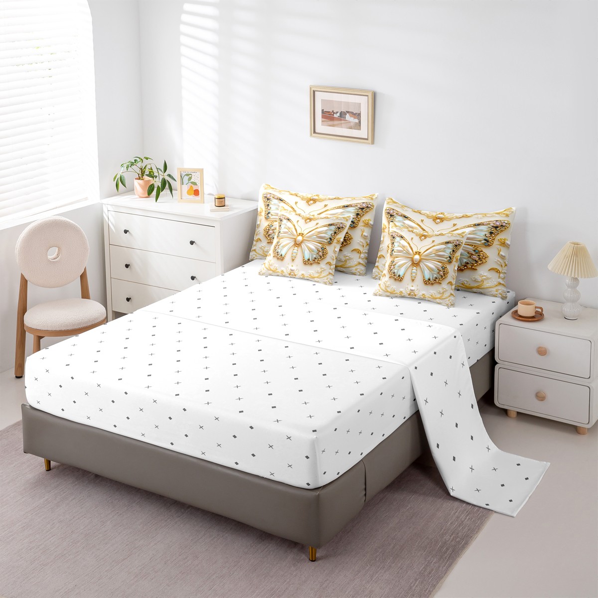 Homewish Chic Flying Butterfly 7-Piece Bedding Comforter Set for Children Teens Girls,Dreamy Princess King Bedding Sets,Exotic Style Ultra Soft Bed Sheets,Lightweight Room Decor,Reversible