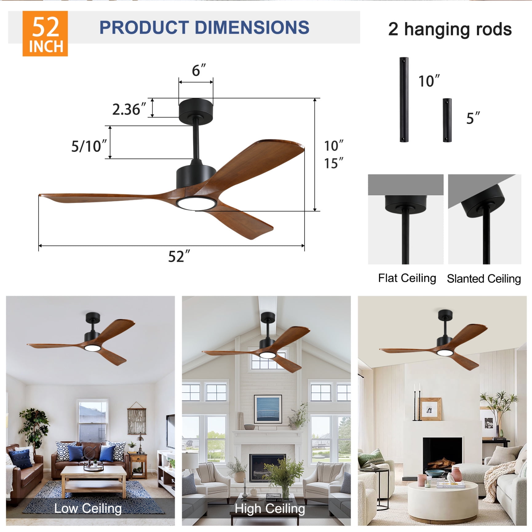 52 Inch Solid Wood Ceiling Fan With Dimmable LED Light Kit And Remote Control 6 Speed DC Motor For Living Room Bedroom Patio Indoor Use Matte Black