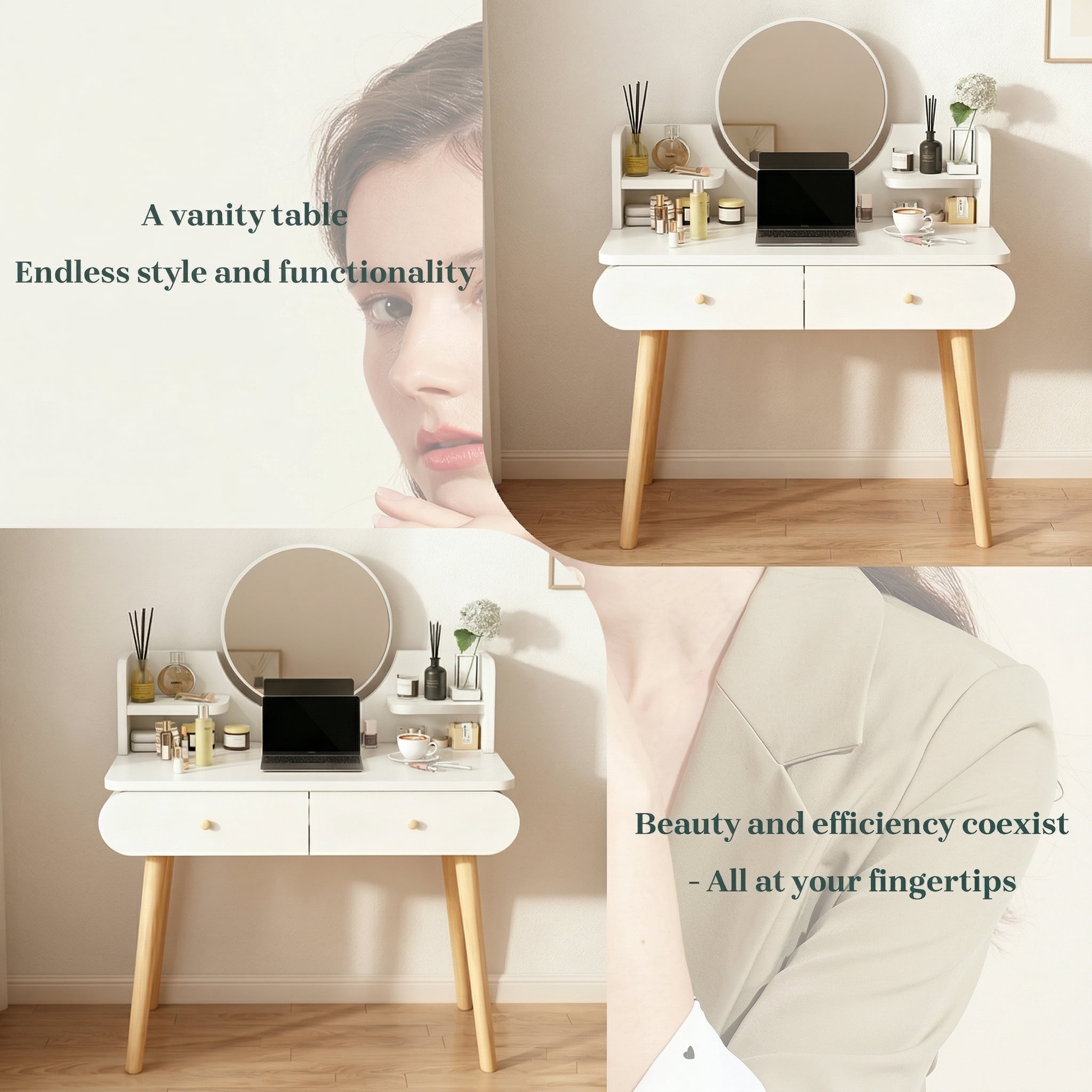 SIMANLI Vanity Table with 2 Drawers, Makeup Dressing Desk with Mirror, Bedroom Vanities Set White (without Stool)