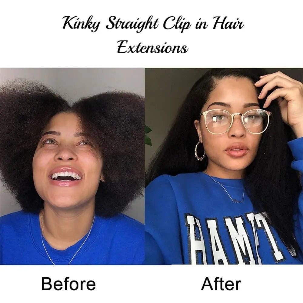 Kinky Straight Clip in Hair Extensions Real Human Hair Natural Black Double Weft Clip ins