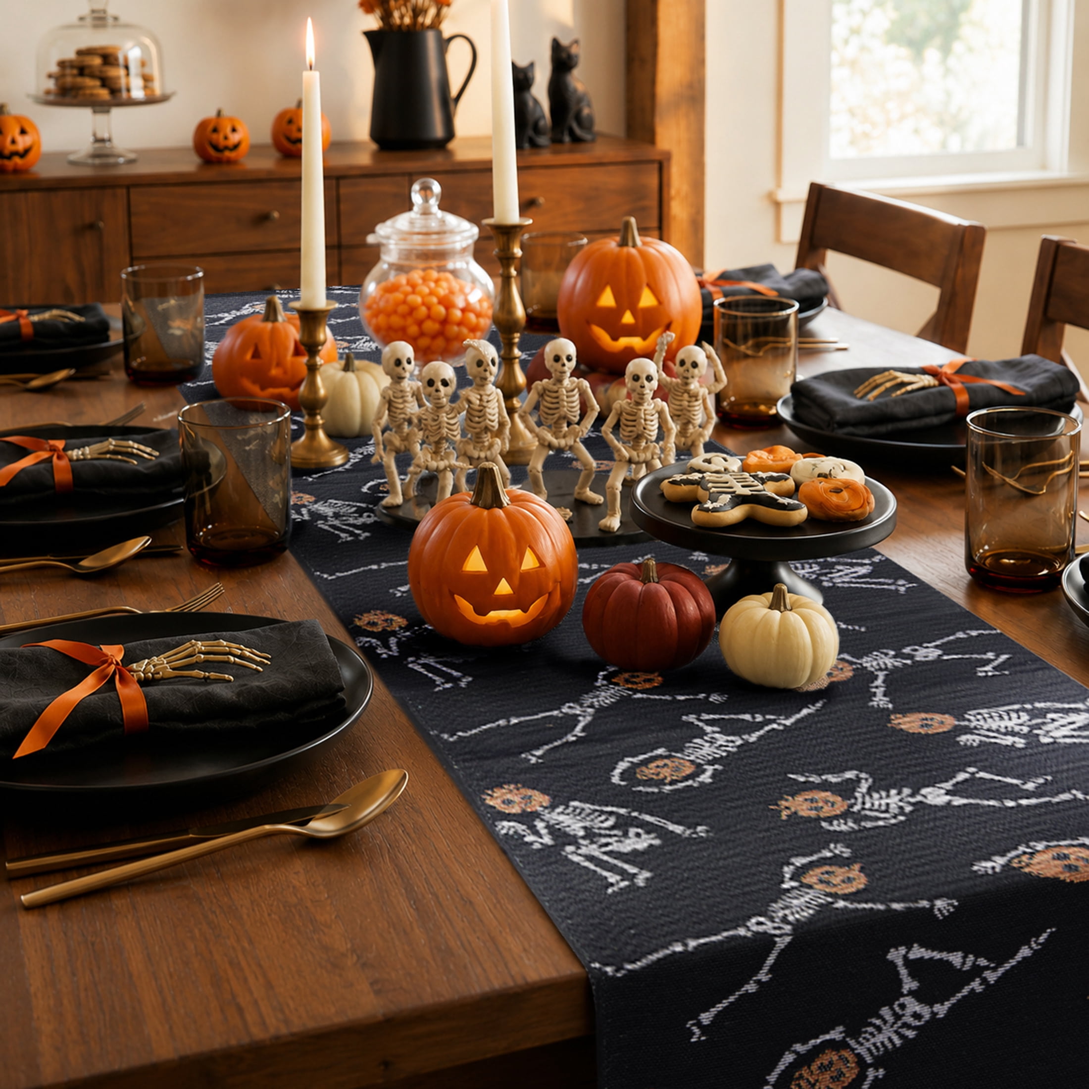Halloween Pumpkin Skeletons 13" x 72" Table Runner - 65% Cotton, 35% Polyester, Black