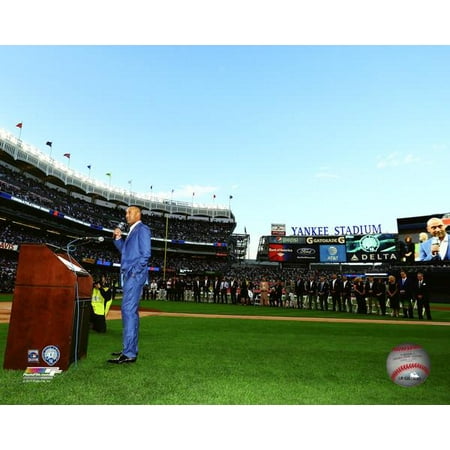 - Derek Jeter addresses the crowd during the retirement ceremony of his number 2 jersey at Yankee Stadium on May 14 2017 Photo Print