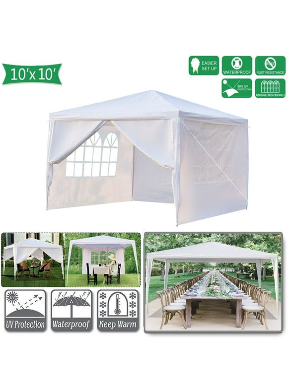 Pabby Yard 10' x 10' Tents and Canopies Outdoor Tents and Canopy, White 4 Sides Portable Waterproof Tent with Spiral Tubes Canopy Tents for Outside Party Waterproof Canopy Wedding Tent BBQ Shelter