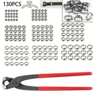 130pcs Stepless Single Ear Hose Clamps Crimper Crimping Tool 304 Stainless Steel