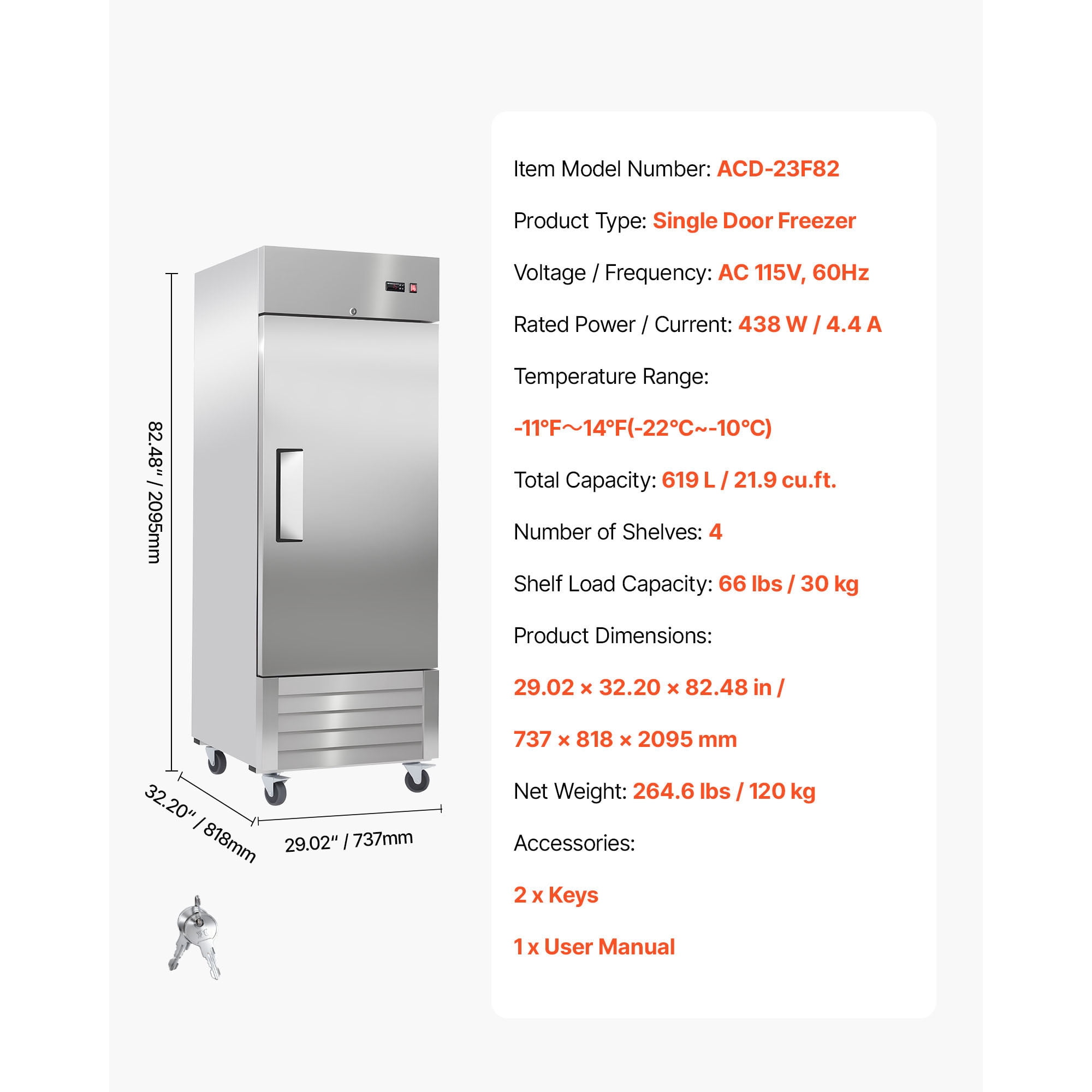 KFFKFF Commercial Stainless Steel Upright Freezer, 29" Wide, 22 Cu.Ft Capacity, Single Door with Auto-Defrost, Adjustable Shelves, -11 to 14℉ Temperature Range, LED Lighting, ETL Certified