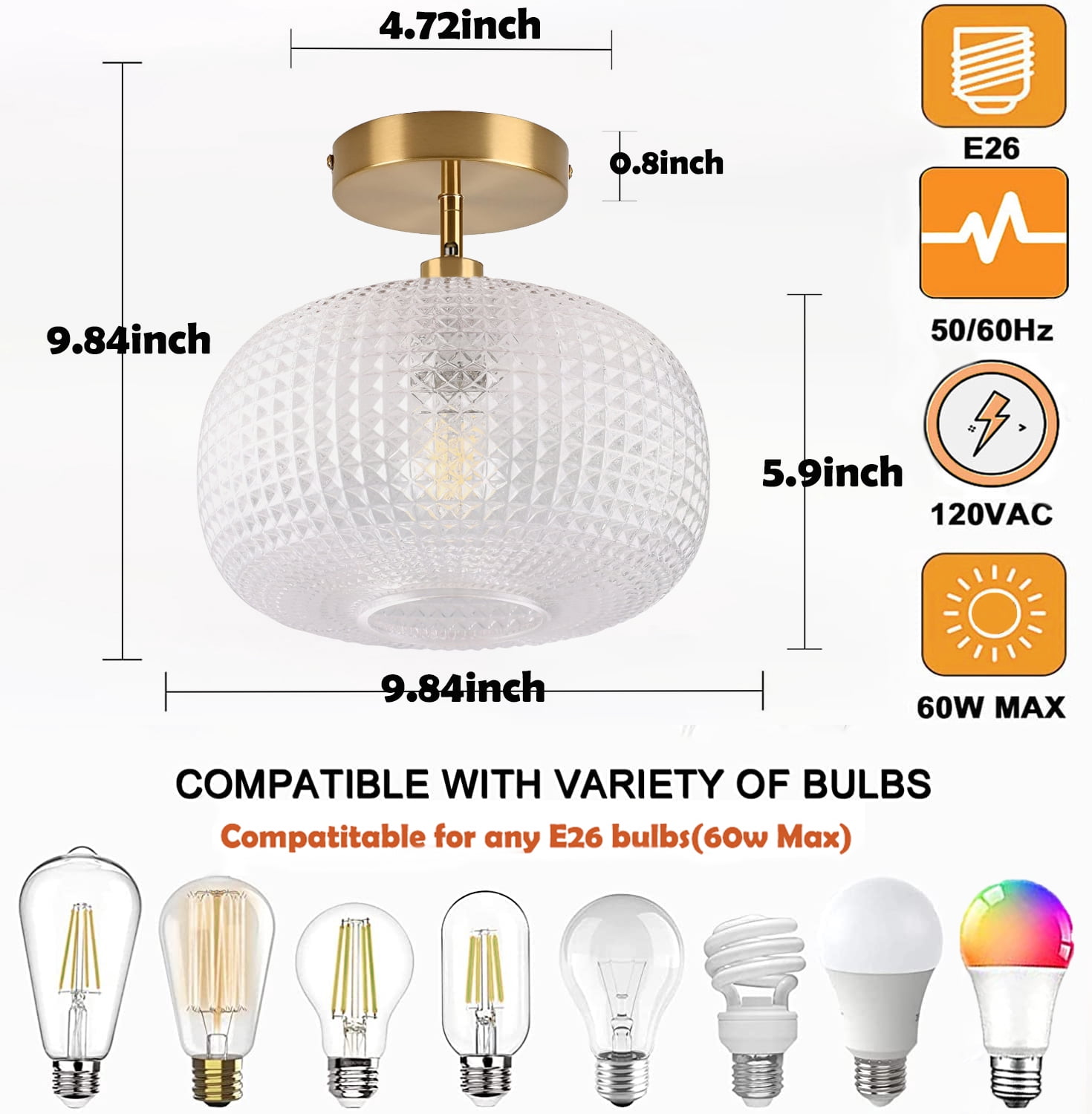 Semi Flush Mount Ceiling Light Fixture,Globe Glass Ceiling Light,Gold Light Fixture,Vintage Ceiling Light for Hallway Bedroom Kitchen Entryway Living Room