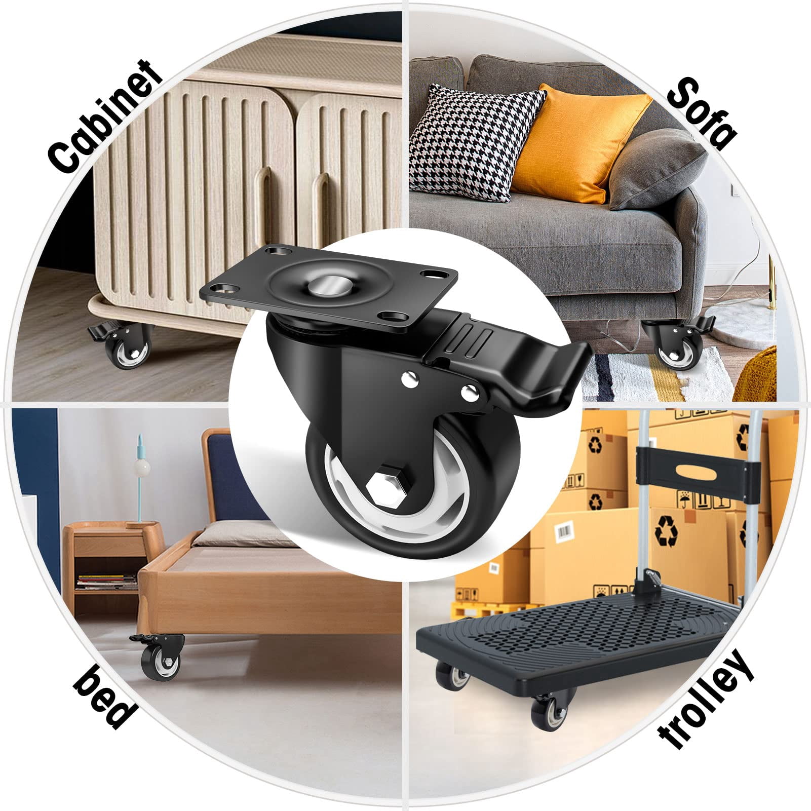 Caster Wheels - 3 Inch Casters Set of 4 Heavy Duty - ASHGOOB Black Polyurethane Castors, Top Plate Swivel Wheels, 4-Pack Industrial Casters with Brake, Locking Casters for Furniture and Workbench