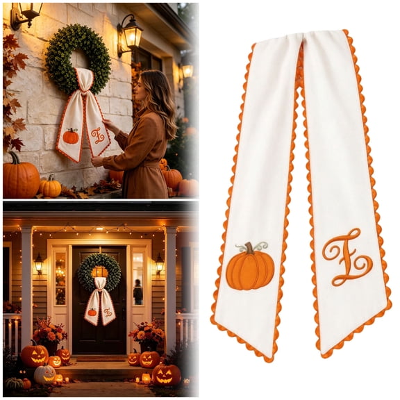 Fall Wreath Sash with Pumpkin Embroidery, Orange Scalloped Edge Ribbon Bow, Autumn Front Door Decor, Reusable Fabric Tie for Floral and Party Events