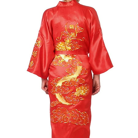

Men Satin Chinese Dragon Kimono Silk Bathrobe Pajamas Sleepwear Gown Bath Robe