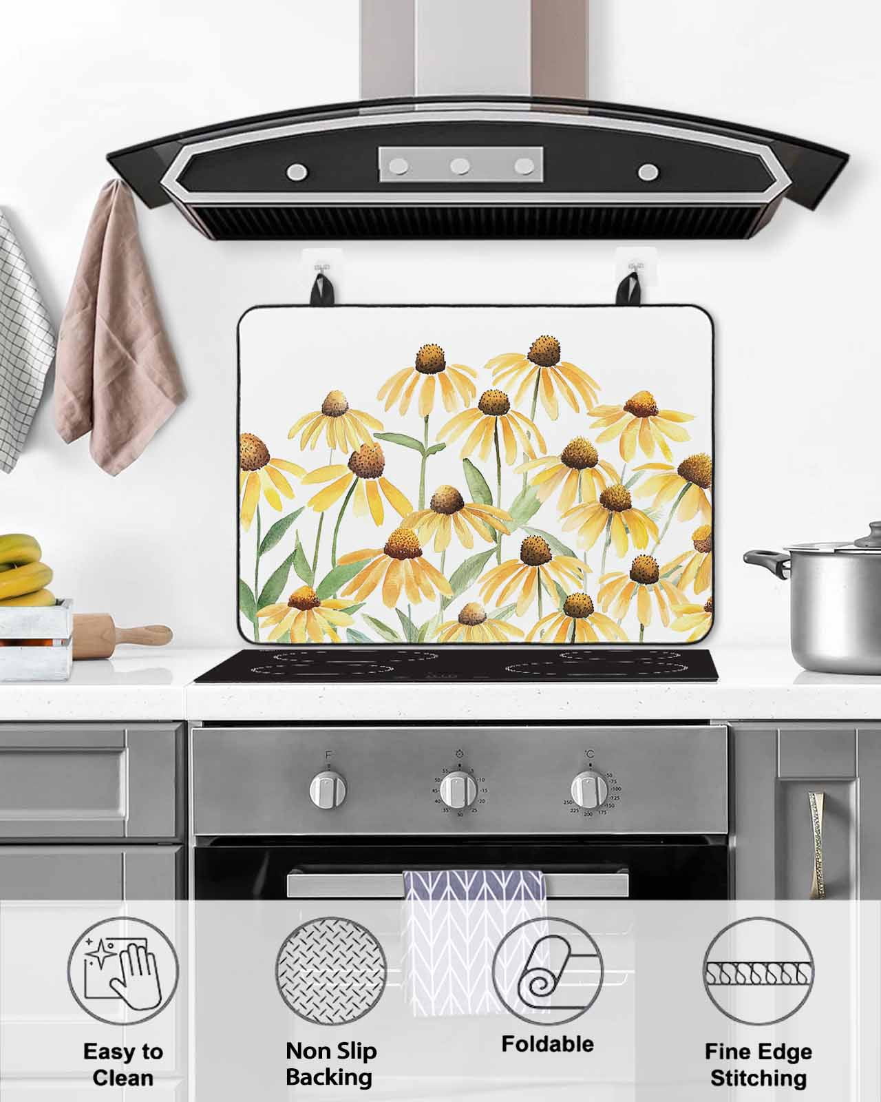 nqOlkjepod Large Induction Cooktop Protector Mat 24"x21", Yellow Spring Floral Stove Top Covers for Electric Stove, Watercolor Elegant Botanical Stove Burner Cover Mats, Glass Top Stove Cover