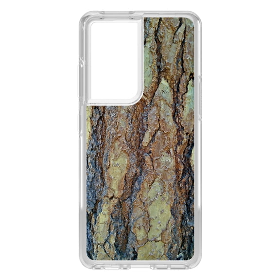 DistinctInk Clear Hybrid Case for Samsung Galaxy S21 Ultra (6.8" Screen) - Yosemite Redwood Bark - Tempered Glass Back