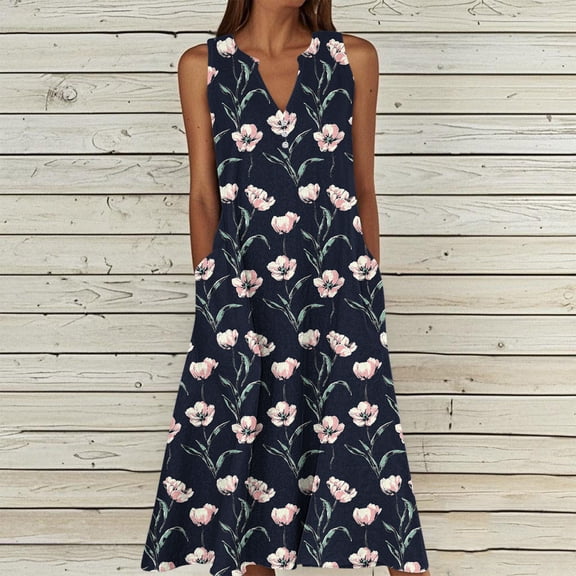 Mifsaly Sleeveless Floral Dress for Women V Neck Button Down A Line Midi Flowy Dresses Relaxed Fit Bohemian Summer Beach Sundress with Pockets XL