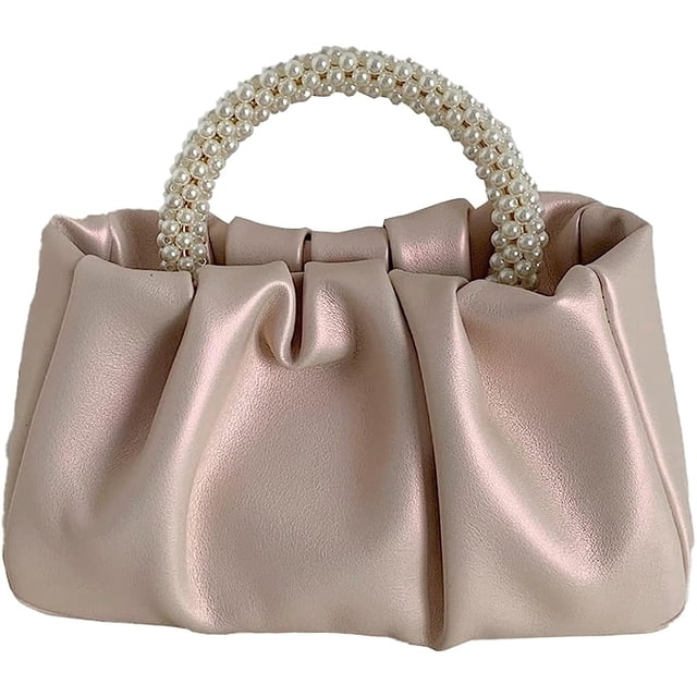 LHSHID Evening Bag Purse for Women Pearl Tote Bag Rhinestone Clutch Handbags Soft Leather Cloud Purse for Wedding Party Prom
