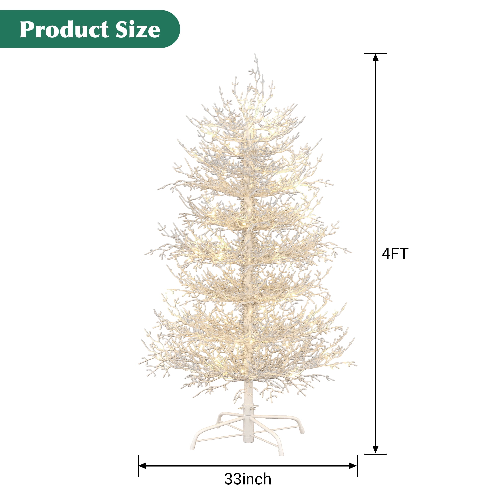 Euroco 4FT Pre-lit Aspen Fir Artificial Christmas Tree, Hinged Xmas Tree 280 Snow Flocked Branch Tips, 230 Warm Yellow LED Lights, Holiday Coral Christmas Tree for Home Party