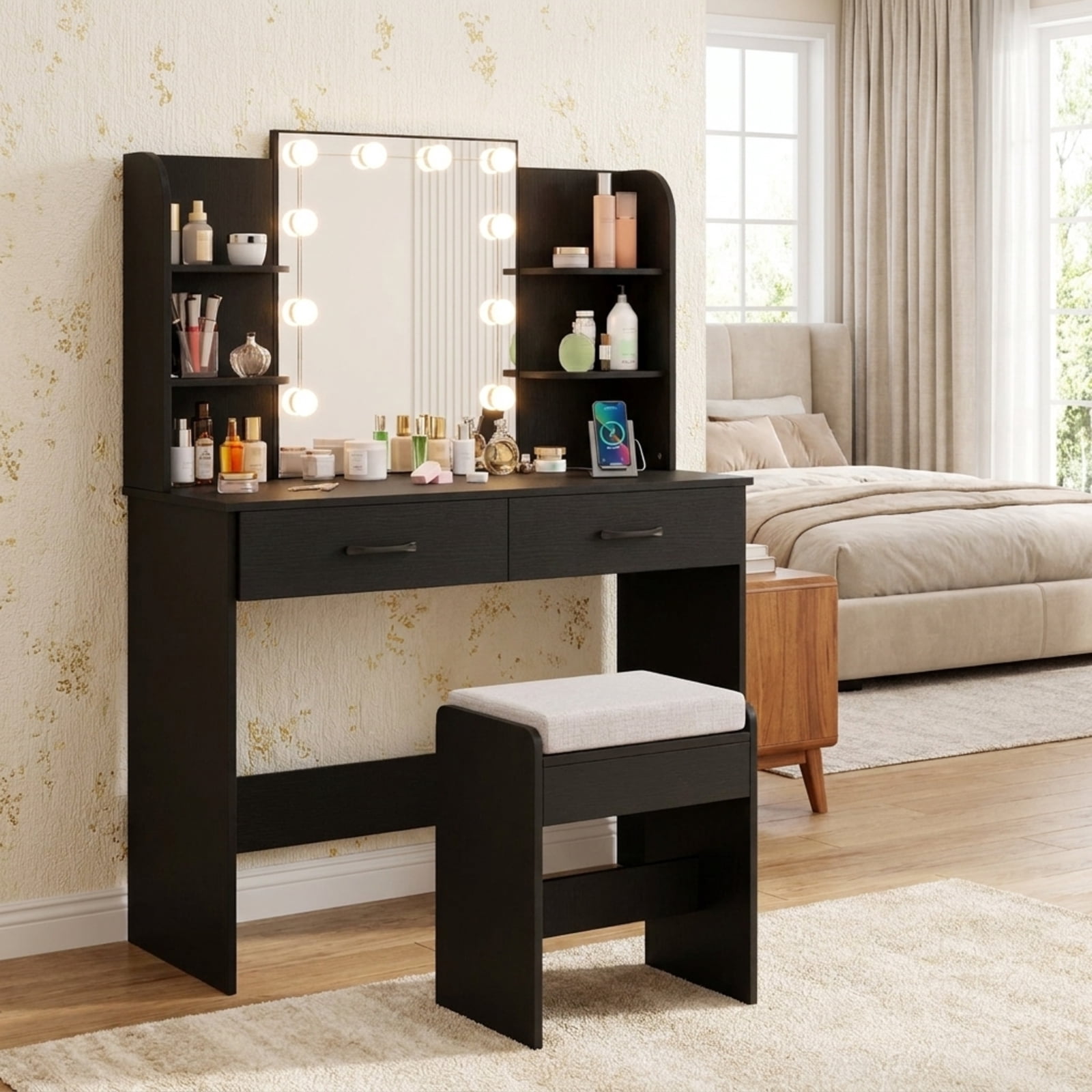 Furnibear Makeup Vanity Set with Lighted Mirror and 3 Color Modes and Cushioned Stool and Power Outlet for Bedroom, Black