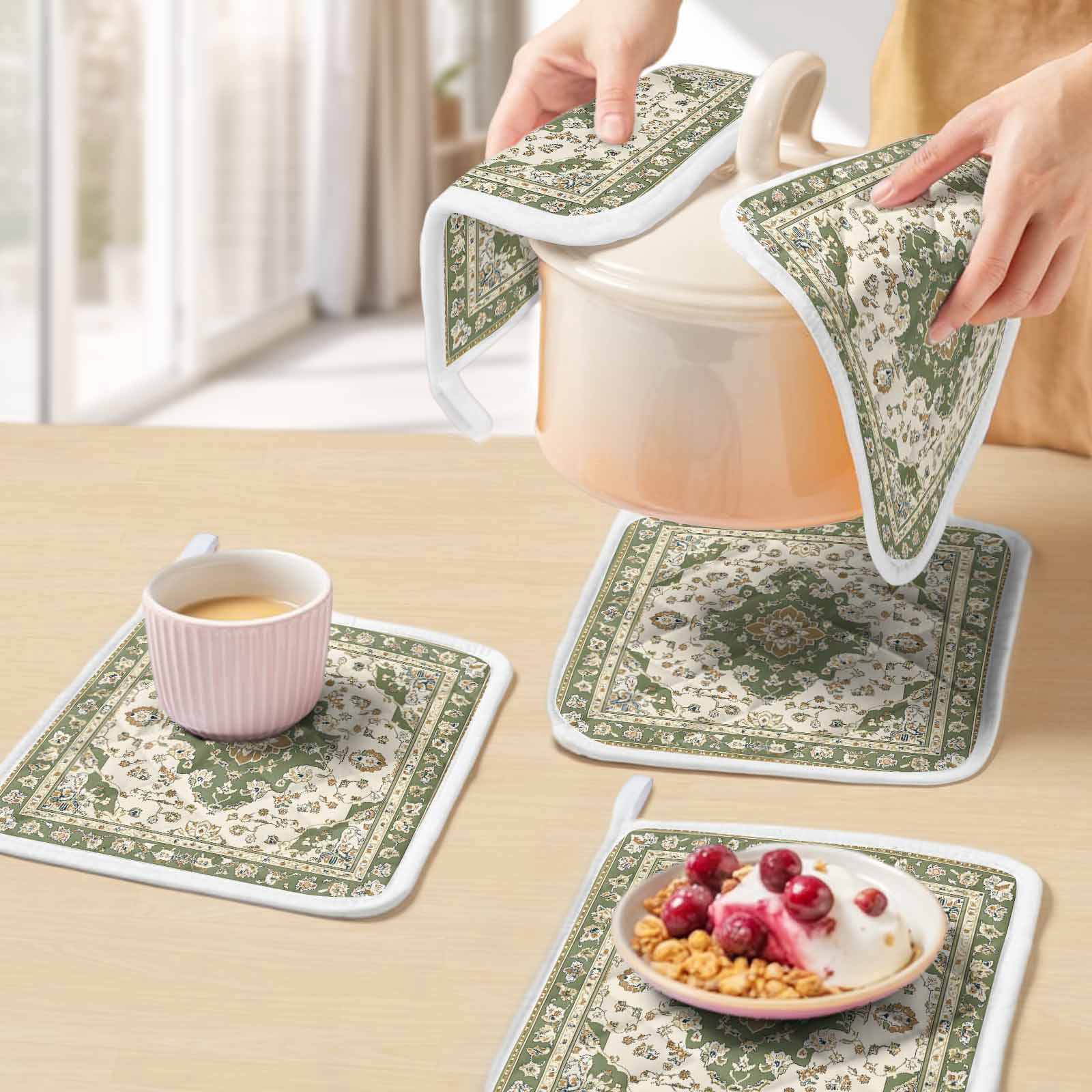 Sage Green Pot Holders for Kitchen Heatproof Potholder, 4 Pack Southwest Tribal Antique Boho-Chic Farmhouse Hot Pads Multipurpose Oven Pads Cloth Potholders Trivet for Cooking and Baking