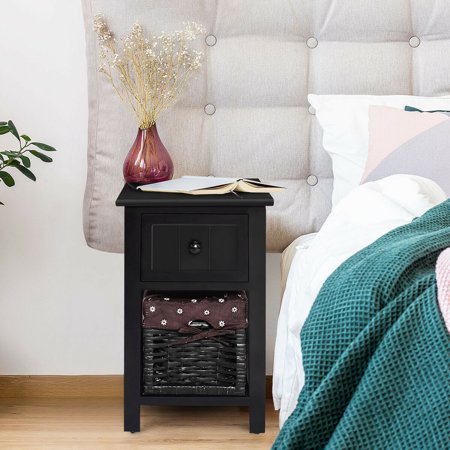 Gymax 2 Tier Mini Nightstand 1 Drawer Bedside End Table Organizer Wood W Basket Black Walmart Canada