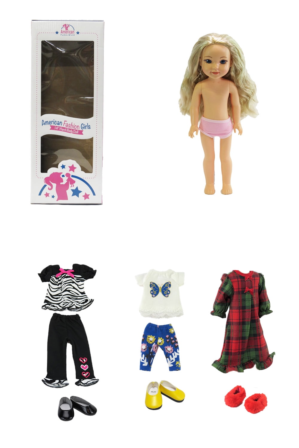14.5in Doll Ruby Blonde Hair Blue Eyes Three Outfits and Box Included | American Fashion World