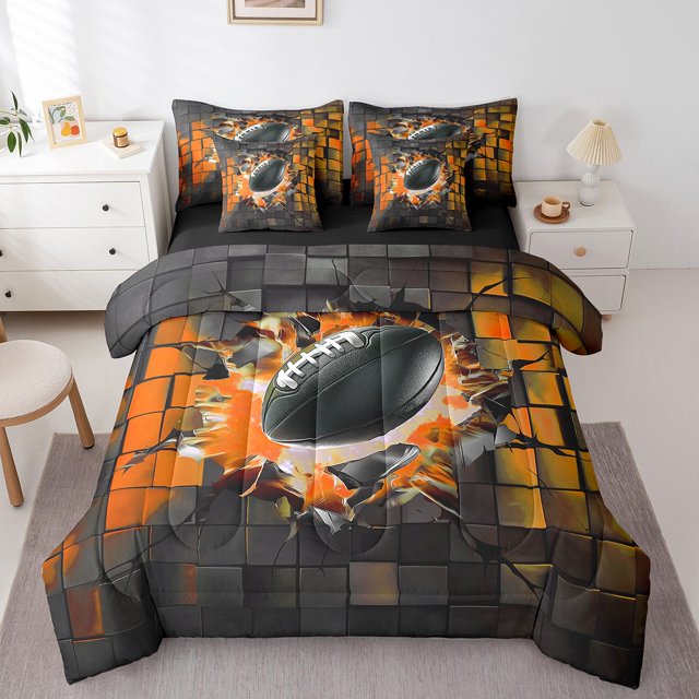 Erosebridal American Football Bedding Sets King Size, Rugby Sports Comforter Sets with Sheets, Geometric Room Decor, 7-piece