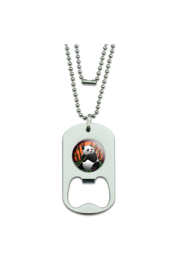 Giant Panda Bear Eating Bamboo Military Dog Tag Bottle Opener Pendant