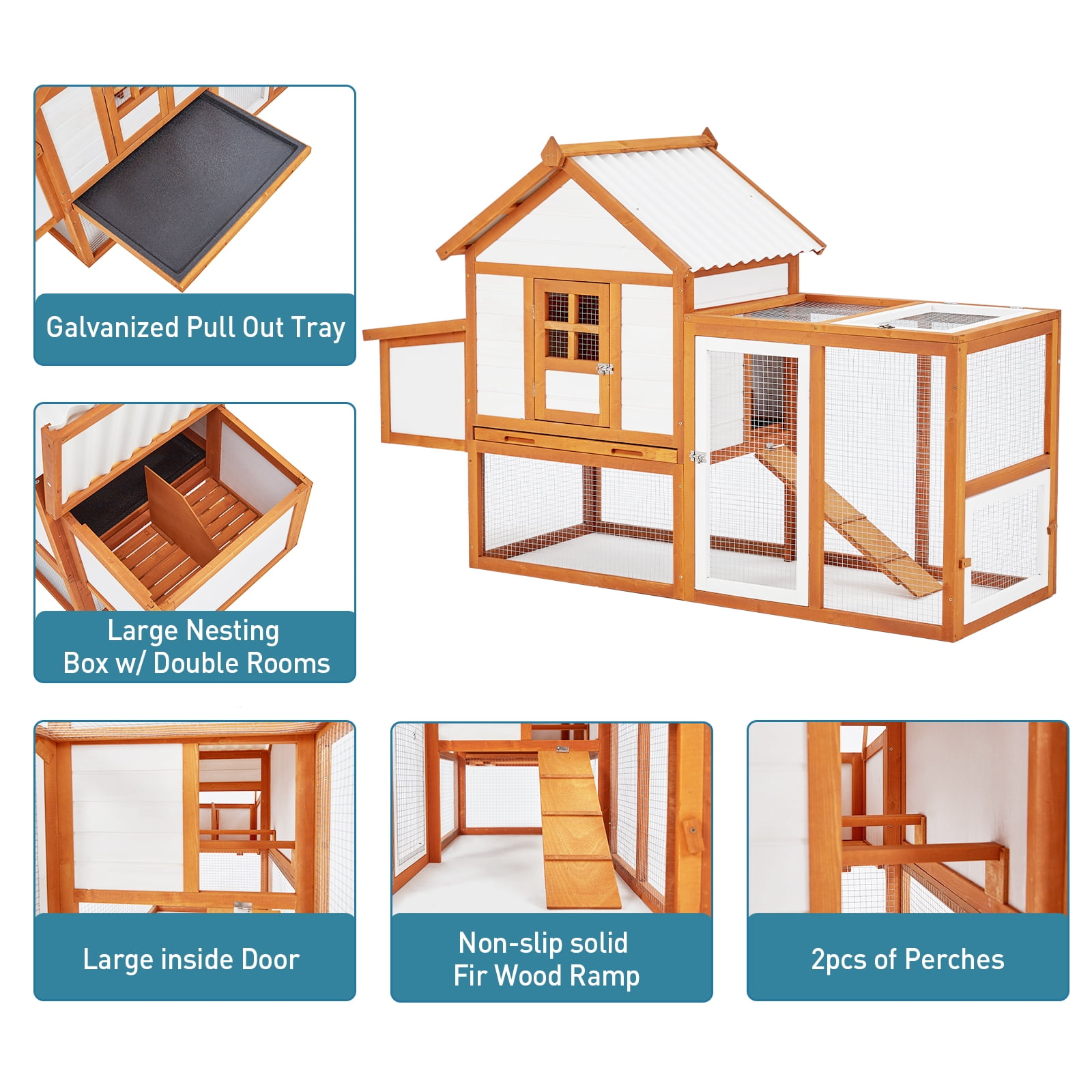 72" Chicken Coop with Run, 2 Tier Large Rabbit Hutch Outdoor Wooden Hen House with Nesting Box Rabbit Cage Ramp Pet House Chicken House with UV-Resistant Roof Panel, Stairs and Tray
