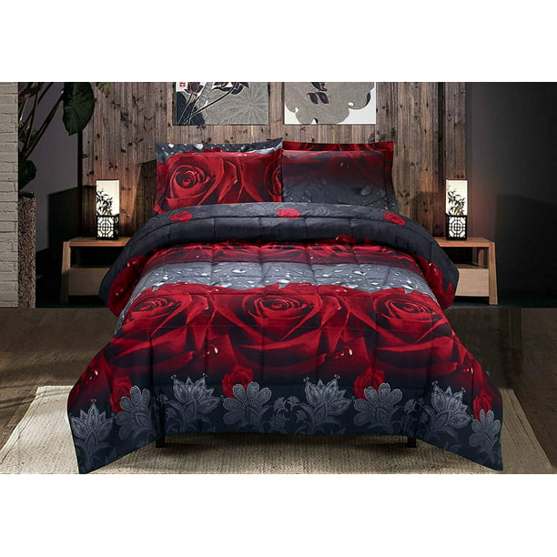 Hig 3d Comforter Set 3 Piece Rose, Red King Size Bedding Sets