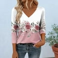 thumbnail image 2 of 3/4 Sleeve Flower T-Shirts Women V Neck Loose Fit Summer Tops Ladies Daily Casual Blouses Pink Tops,Size S-3XL, 2 of 7