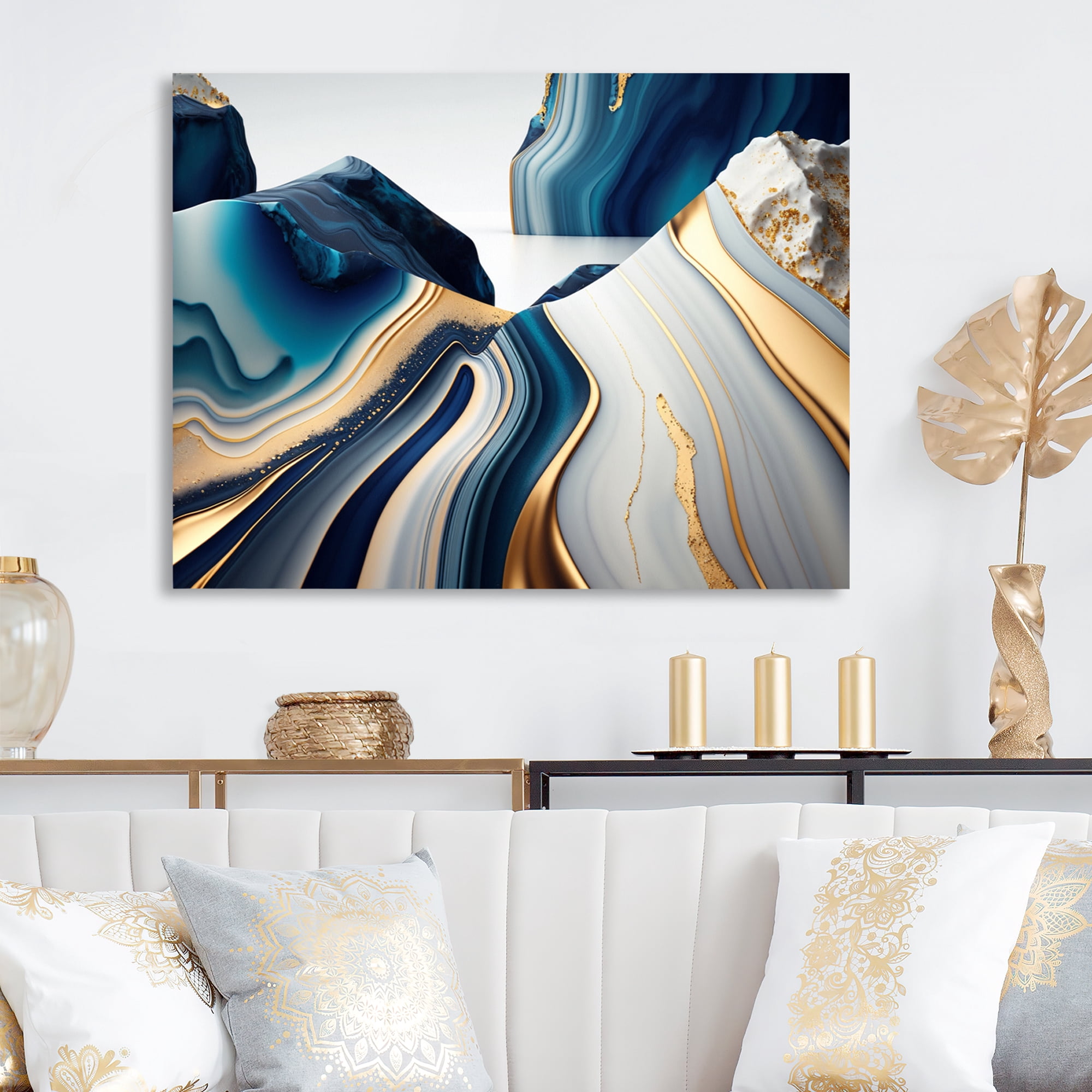 Designart Abstract Geode Waves Blue And Gold I Canvas Wall Art
