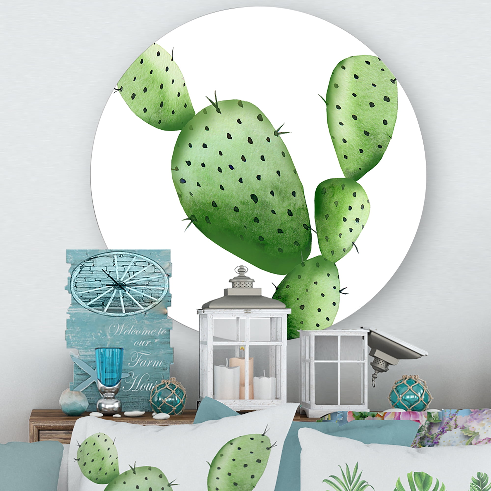 Designart 'Close Up Green Southwestern Cactus' Tropical Circle Metal Wall Art 23x23 - Disc of 23