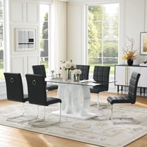 7-Piece Glass Dining Table Set, 63" Rectangular Tempered Glass Table with 6 Stainless Steel PU Leather Cantilever Chairs, Stainless Steel Legs, for Dining Room, Living Room, Office