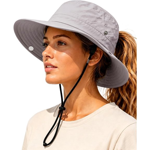 Womens Sun Hat with Ponytail Hole Wide Brim UPF 50  Bucket Hat Packable with Chin Strap for Hiking Beach Travel