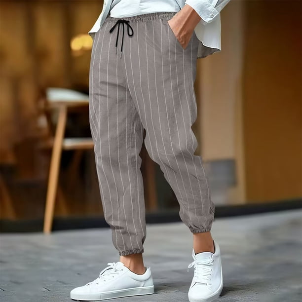 Pantalones largos para hombre, informales, a rayas, estampados, cintura elástica, cordón ajustable, bolsillo transpirable, pantalones tobilleros de poliéster para hombre.