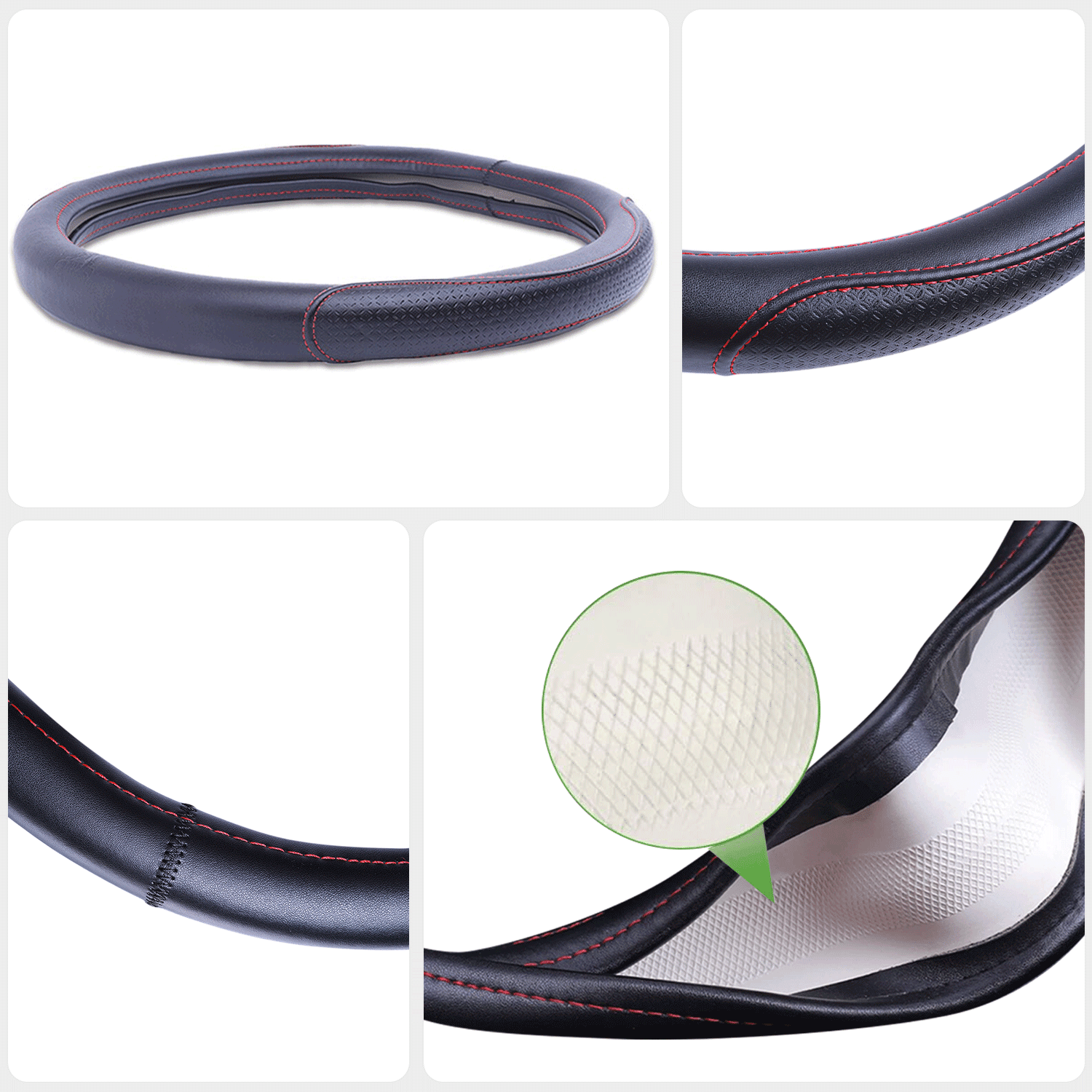 Genuine Leather Steering Wheel Cover, 14.5 - 15 Inches Universal Fit for Truck Sedans SUVs Black with Red stitching