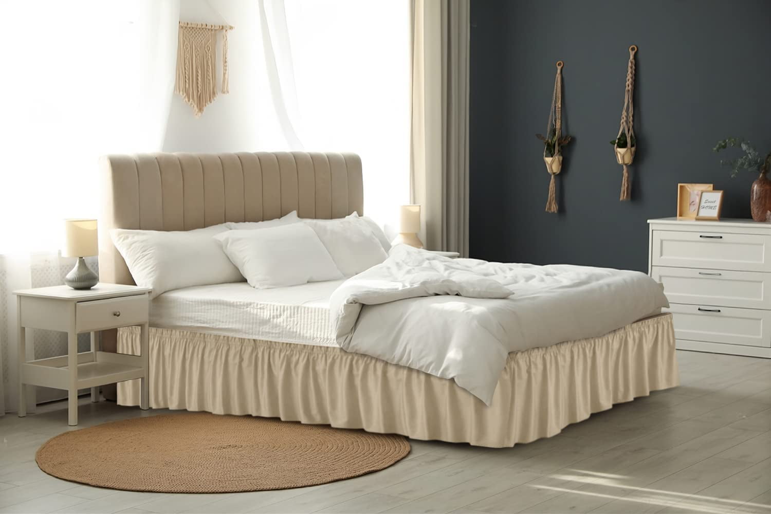 CGK Linens Wrap Around Dust Ruffle Bed Skirt - For Queen Size Bed With 15 Inch Drop, Easy Fit Elastic Strap - Pleated Bedskirt, Beige