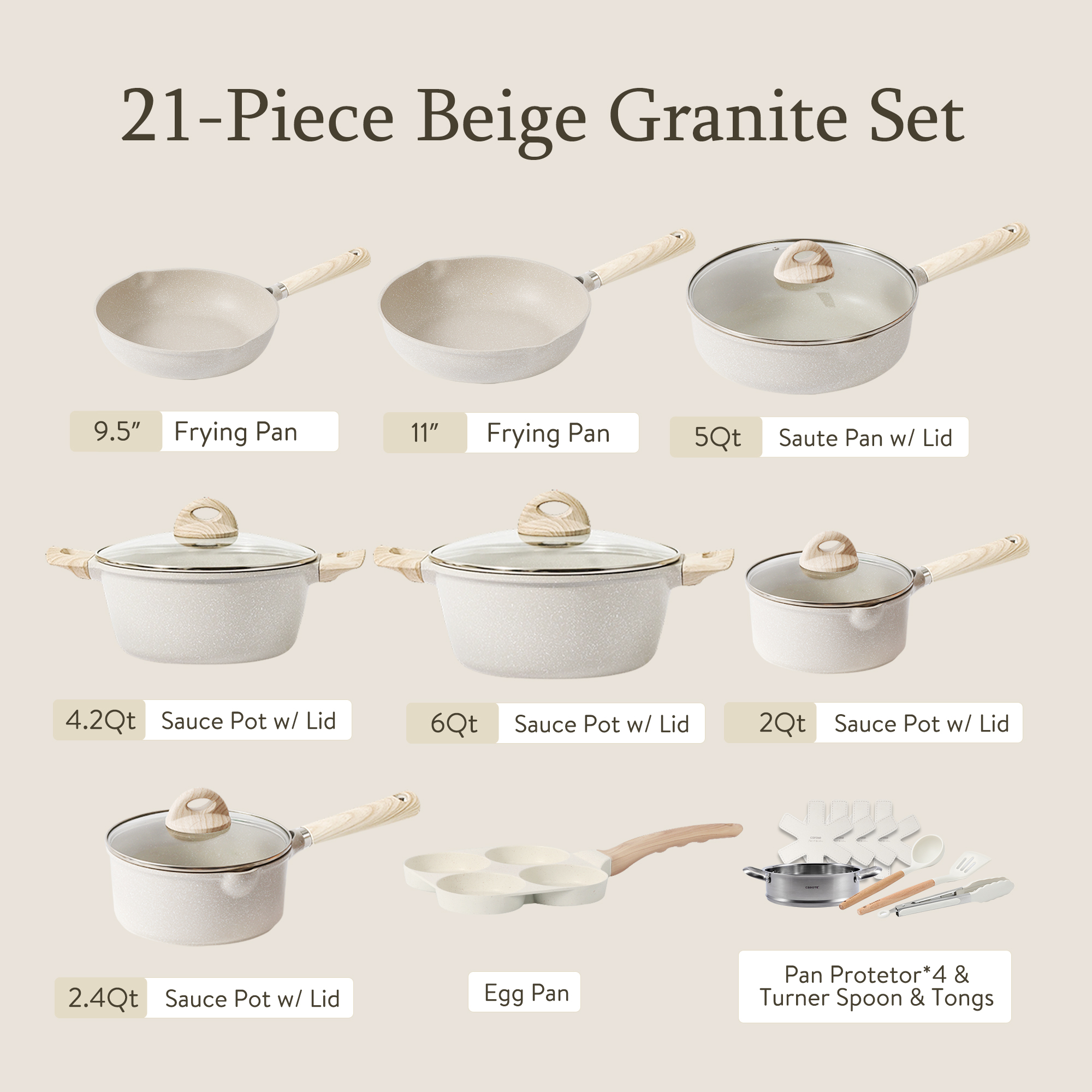 Carote Nonstick Cookware Set 21-Piece,Kitchen Pots and Pans Set,Stay-Cool Handles, Induction Compatible,Cookware Set for RV and Camping,Beige