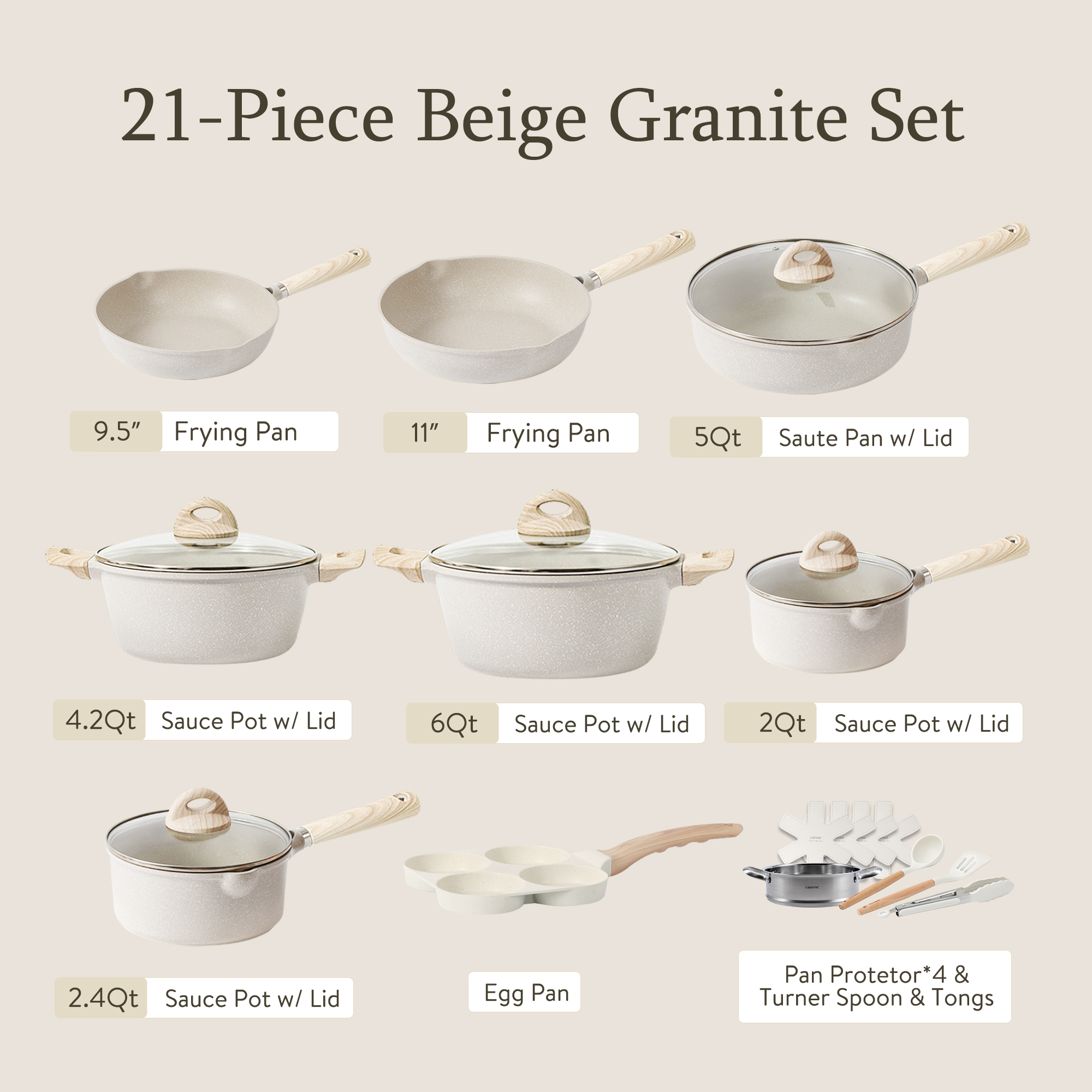 Carote Nonstick Pots and Pans Set, 21 Pcs Induction Kitchen Cookware Sets (Beige Granite) - image 2 of 7
