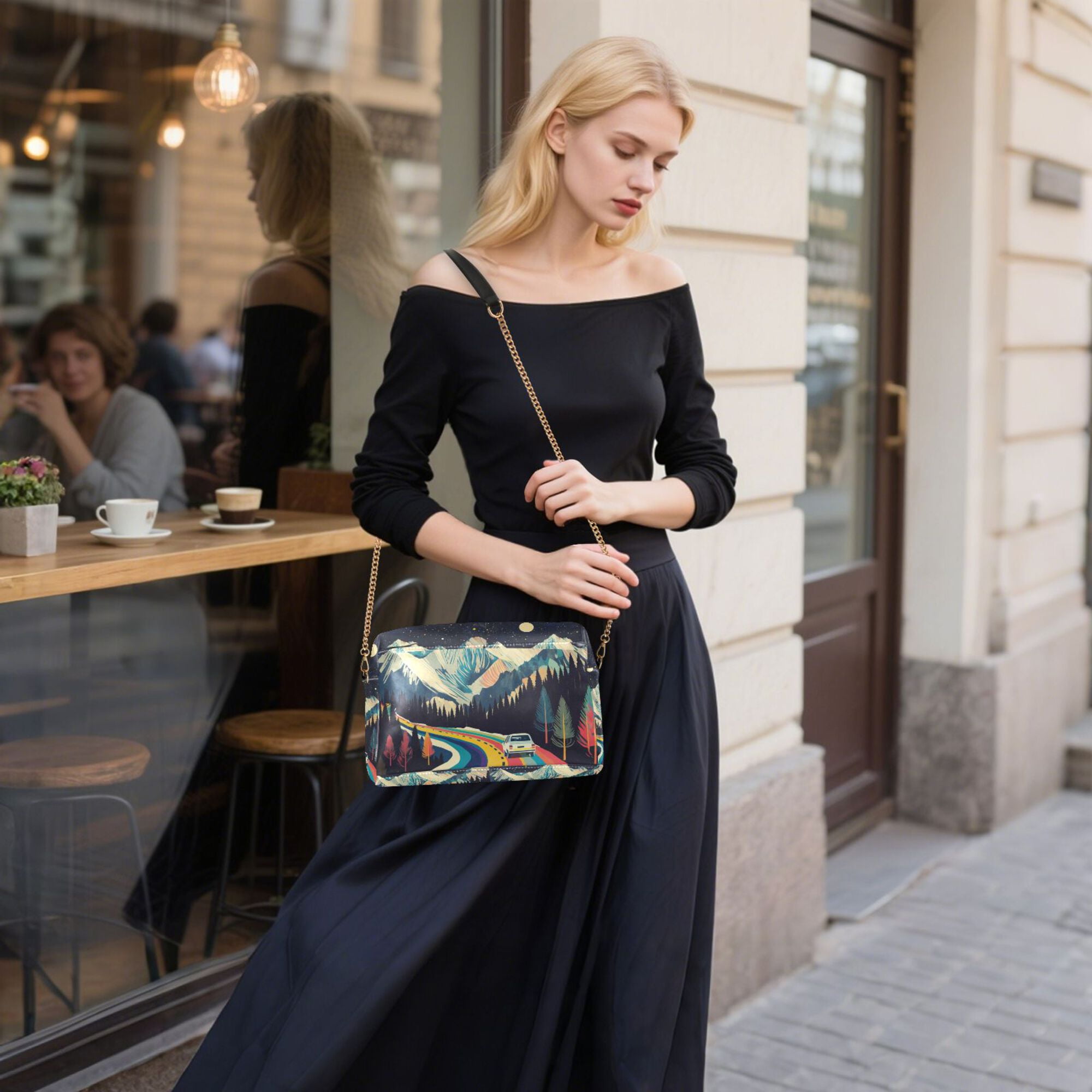 FORMRS Women Crossbody Purse with Chain Strap Vegan Leather Shoulder Handbag, Evening Mountain Road