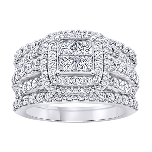 AFFY Princess Cut White Natural Diamond Square Cluster Ring Set In 14K Solid White Gold (2.66 Ct)