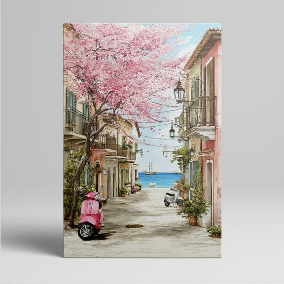 1pc Italian Coastal Street Scene with Blooming Cherry Blossom Tree, Pink Vespa, and Sea - Framed Decor room hanging Wall Picture Decor for Home Gifts, living room, bathroom, bedroom, kitchen wall art