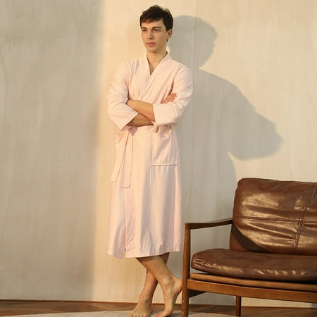 

Unisex Pocket Breathable Knee Length Bathrobe Splicing Soft Sleepwear SPA Robe