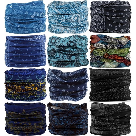 Headband Neck Gaiter Head Wrap Headwear Face Mask Magic Scarf Bandana for Men and Women 12pcs.blue
