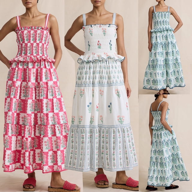 Dresses Plus Size Bohemian Floral Sunflower Sleeveless Ruffled A Line Spaghetti Strap Swing Summer Dress Plus Size White XL