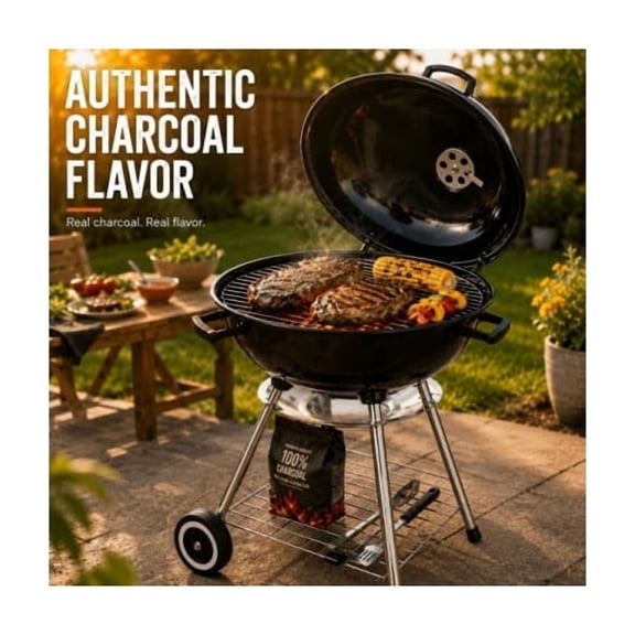 18.5" Charcoal Kettle Grill with Lid, Wheels & Storage Rack, Portable BBQ Grill for Backyard Barbecues, Family Gatherings, Patio Cooking & Outdoor Entertaining