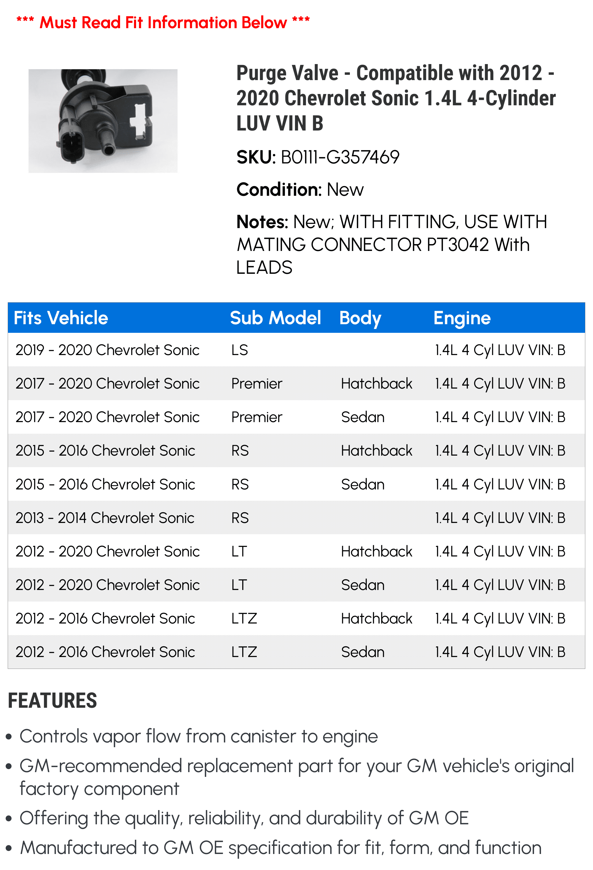 Purge Valve - Compatible with 2012 - 2020 Chevrolet Sonic 1.4L 4-Cylinder LUV VIN B - AC Delco