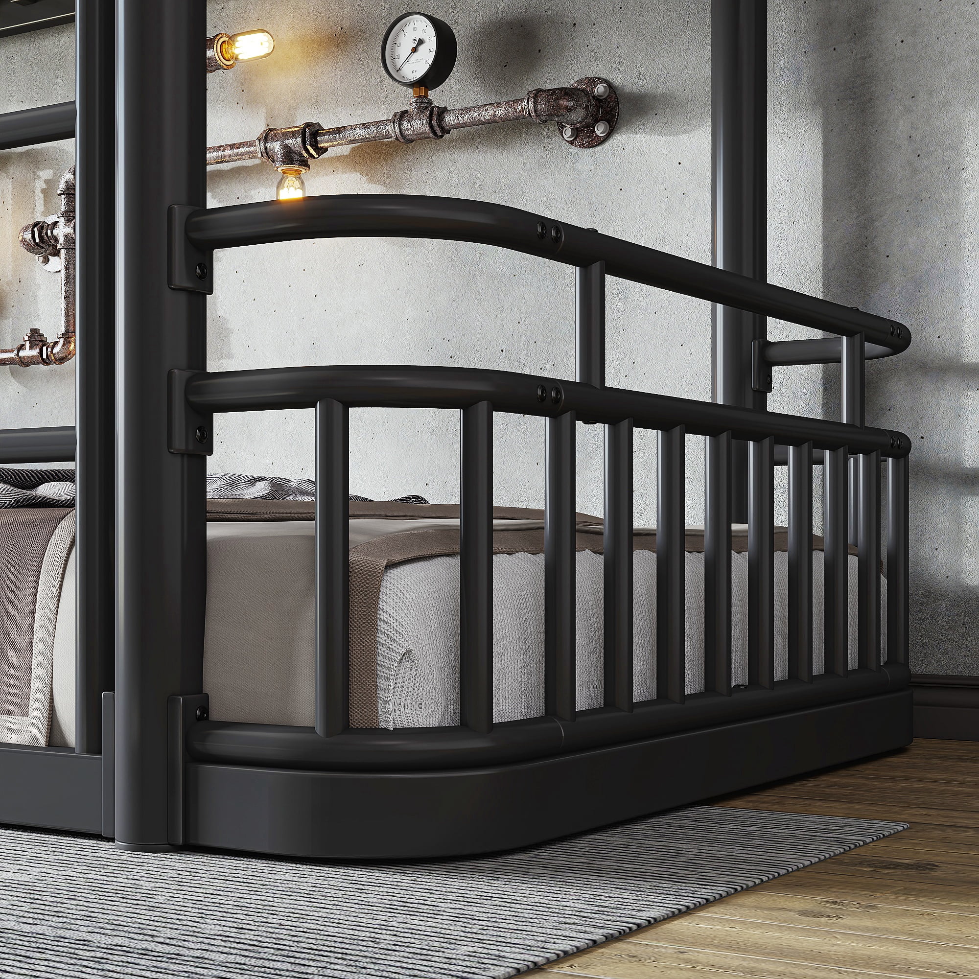 Leumius Twin XL over Twin XL Bunk Bed Frame with Ladders & Guardrails, Upgraded Round-Pipe Metal Frame, Stylish & Versatile for Any Room,Black
