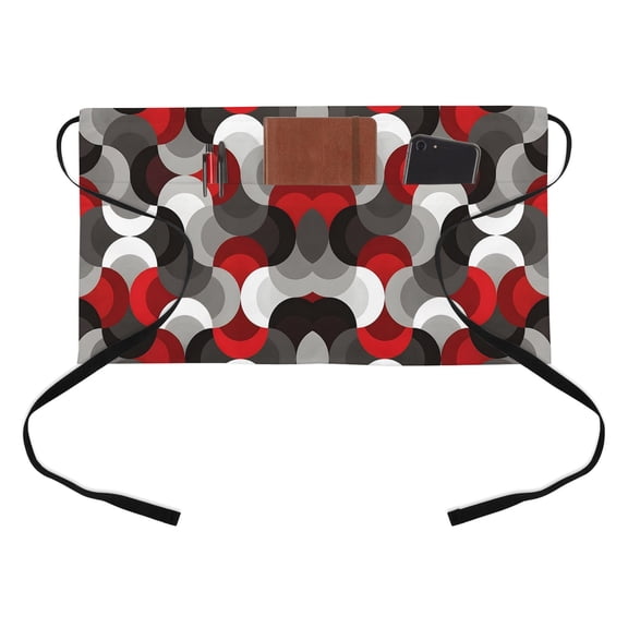 Red Black Wavy Kitchen Restaurant Half Waist Apron, Medieval Abstract White Grey Red Black Texture Server Short Apron with 3 Pockets Waterproof Oil Waist Aprons for Women Waitress Waiter