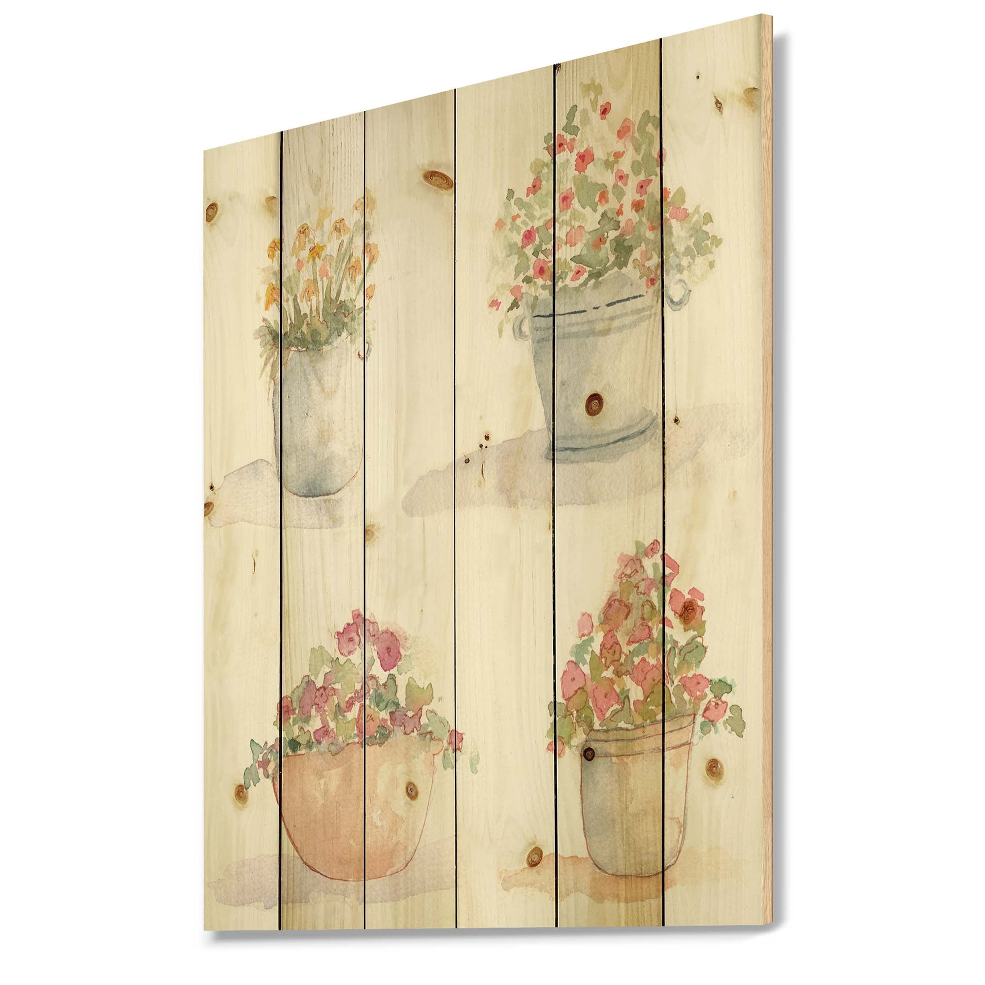 Designart 'Abstract Four Outdoor Flower Pots' Traditional Print on Natural Pine Wood