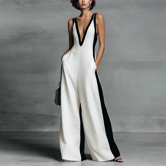 Morttic Women's Contrast Strap Color Block Jumpsuit – Sleeveless Deep V Neck Wide Leg, Trendy Party Romper White,S