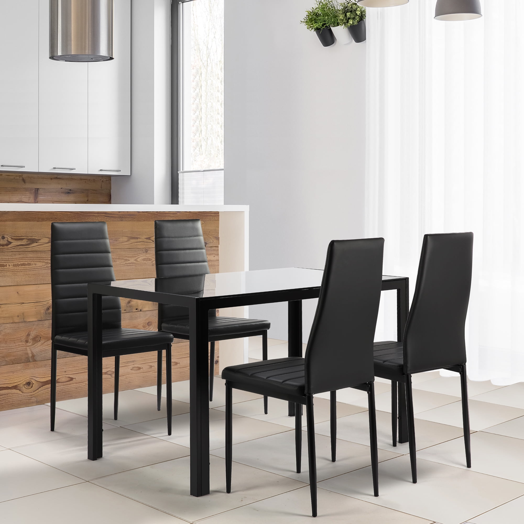Modern 4 Black Glass Dining Room Table with 4 Velvet Chairs Set Kitchen Chairs with Comfy Upholstered Padded Seat Metal Legs for Restaurant 